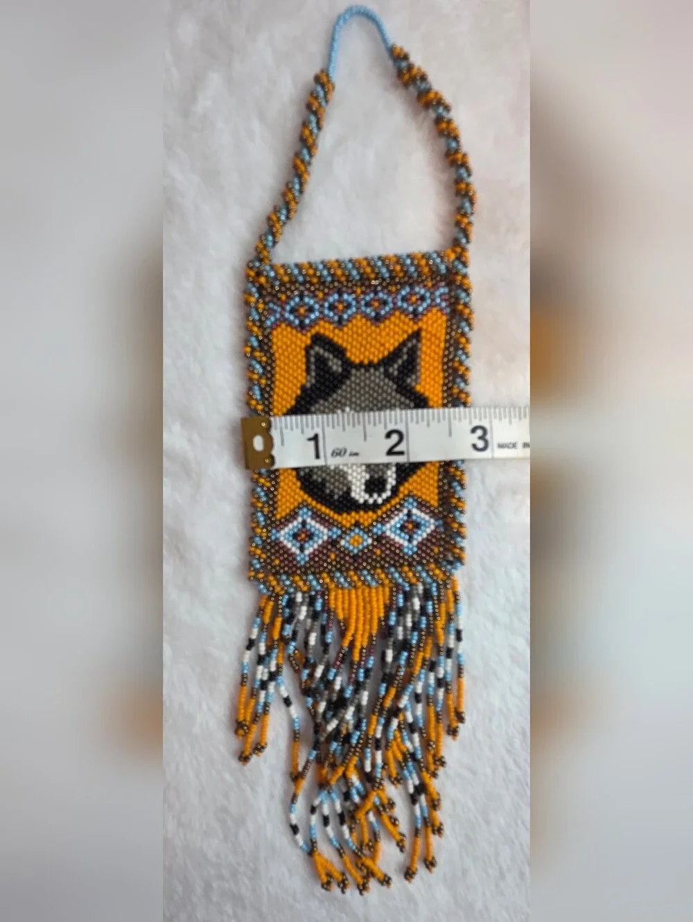 Handmade Beaded Wolf Wall Hanging / Ornament Native Style Seed Bead Art Fringe
